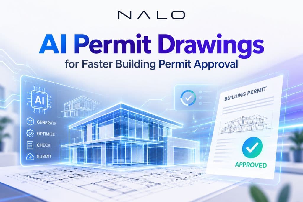 AI-generated 3D wireframe of a home over permit drawings, with generate, optimize, check, and submit steps and an approved building permit
