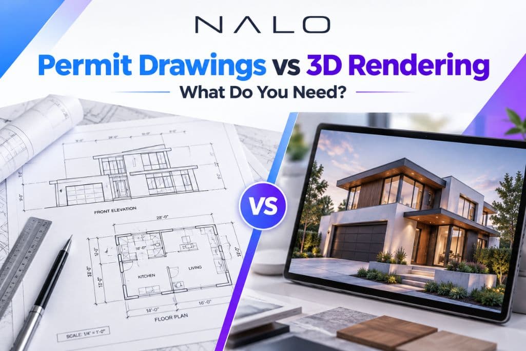 Permit drawings with a floor plan and front elevation next to a tablet showing a photorealistic 3D render of a modern home