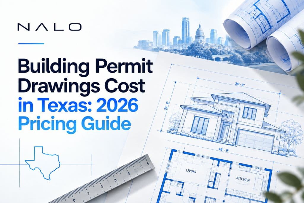 Building permit drawings and pricing breakdown for a Texas residential project