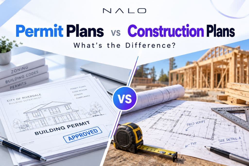 An approved building permit plan set next to construction drawings on a framing job site with a tape measure and square