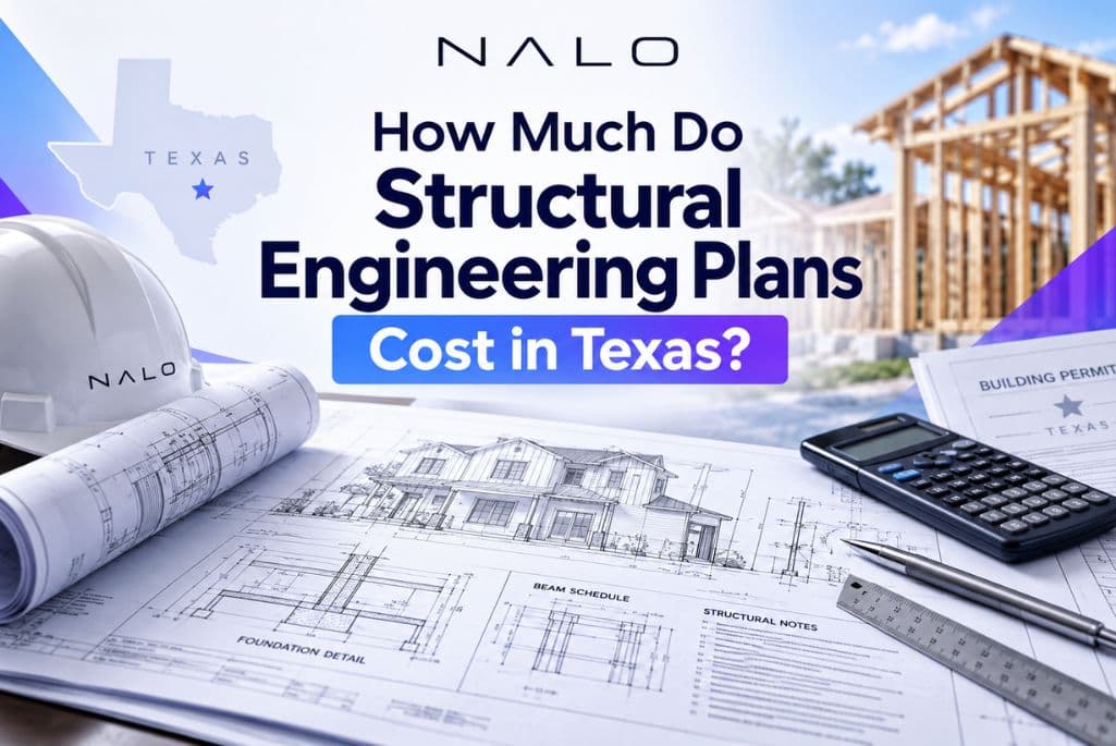Structural engineering plans with foundation and beam details on a desk with a hard hat, calculator, and a Texas building permit